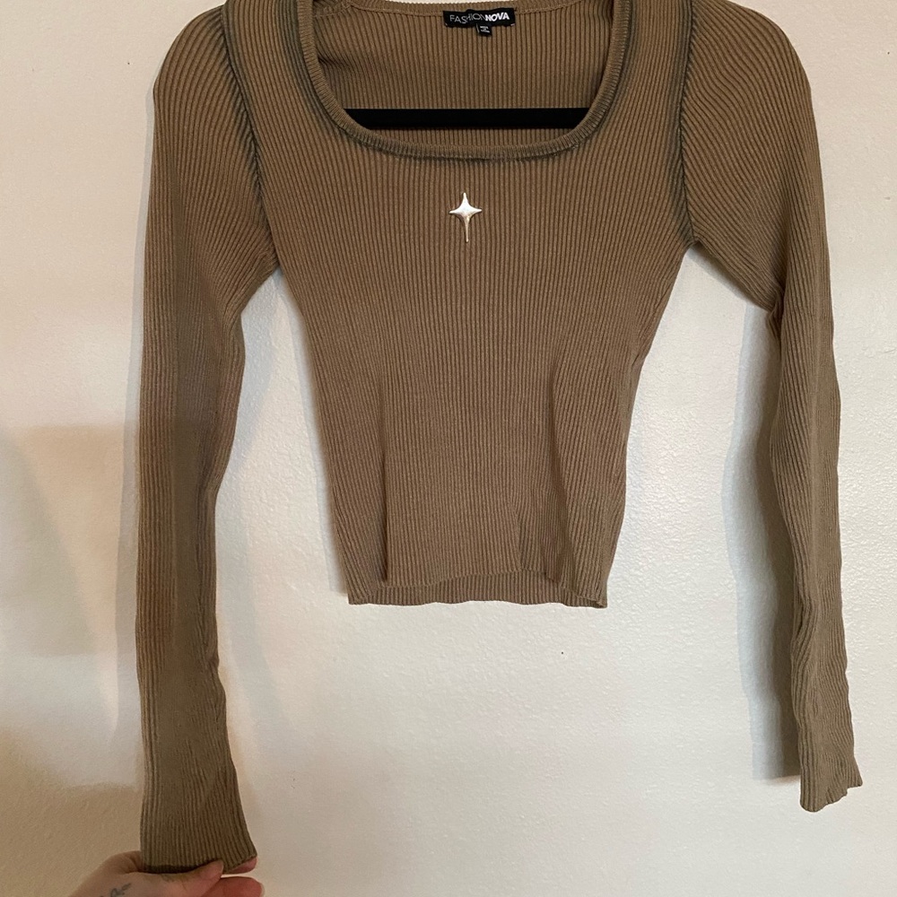 Fashion Nova Ribbed Long Sleeve Top in Brown